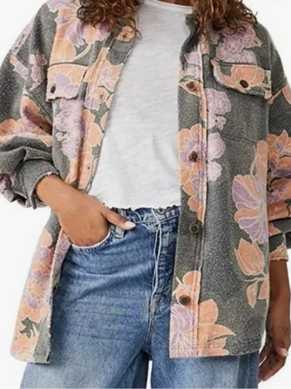 Free People “Ruby” Fleece Floral Oversized Shirt in Charcoal Gray - Picture 2 of 8